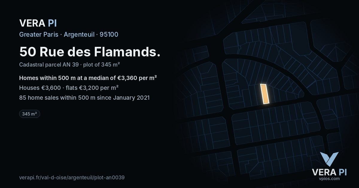 50 Rue des Flamands, Argenteuil at night – the plot lit, the parcels around coloured by the prices near them