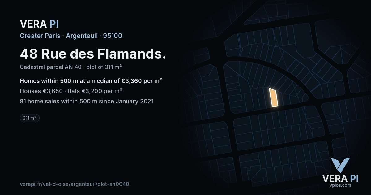 48 Rue des Flamands, Argenteuil at night – the plot lit, the parcels around coloured by the prices near them