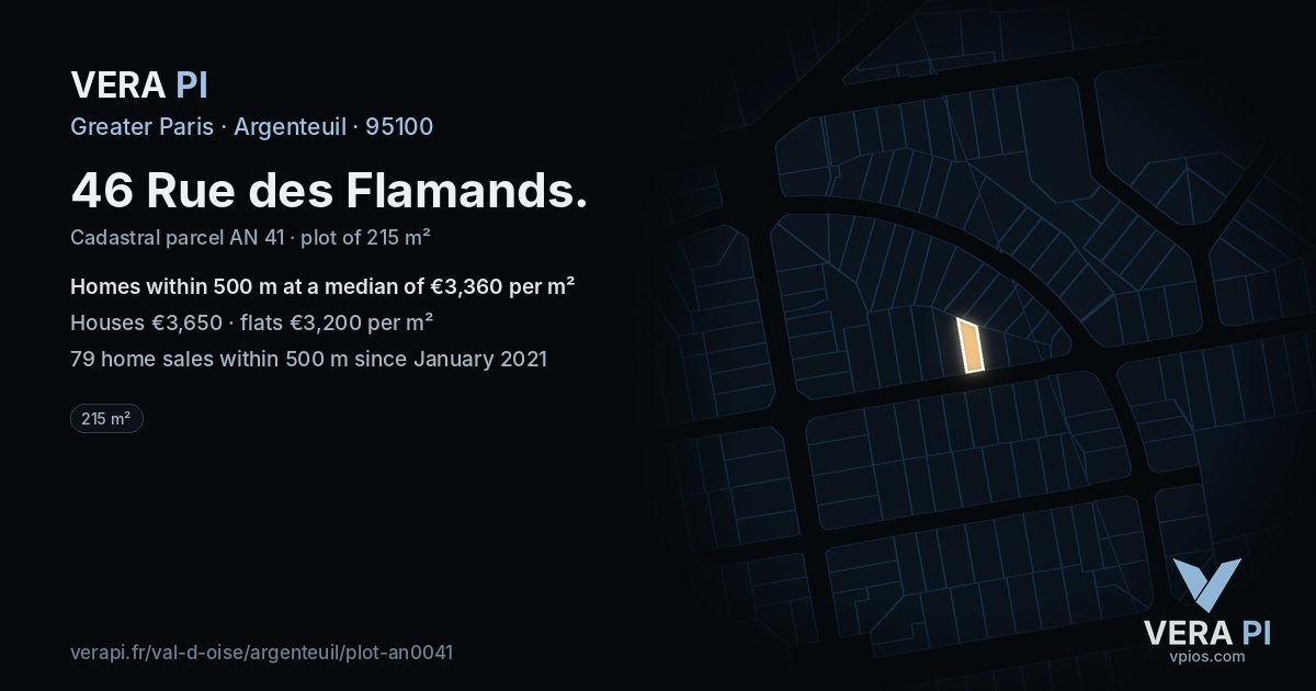 46 Rue des Flamands, Argenteuil at night – the plot lit, the parcels around coloured by the prices near them