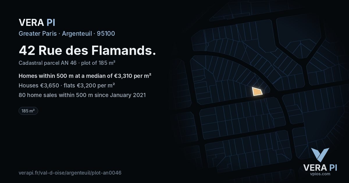 42 Rue des Flamands, Argenteuil at night – the plot lit, the parcels around coloured by the prices near them