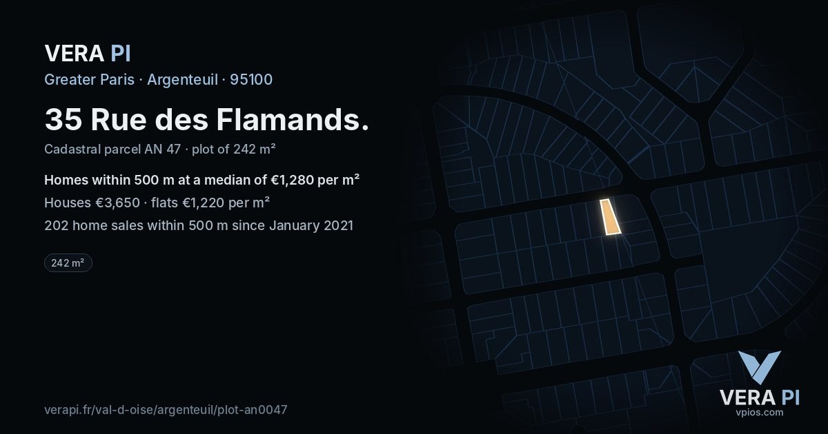 35 Rue des Flamands, Argenteuil at night – the plot lit, the parcels around coloured by the prices near them