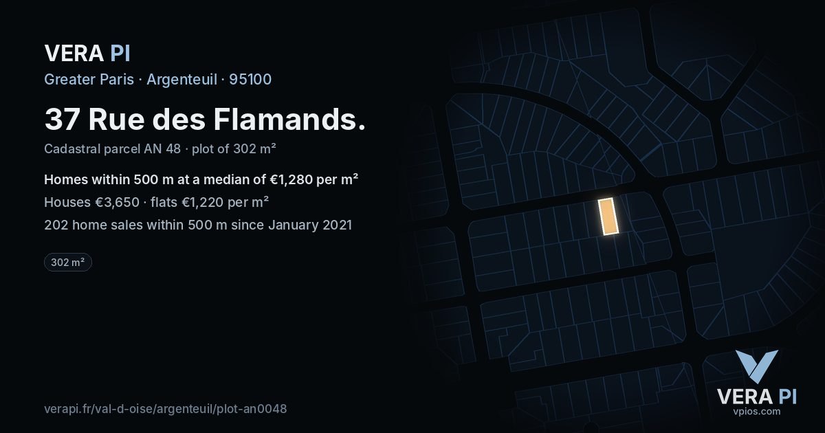 37 Rue des Flamands, Argenteuil at night – the plot lit, the parcels around coloured by the prices near them
