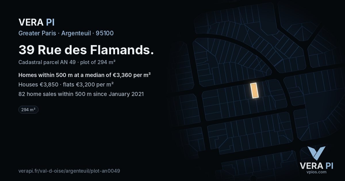 39 Rue des Flamands, Argenteuil at night – the plot lit, the parcels around coloured by the prices near them