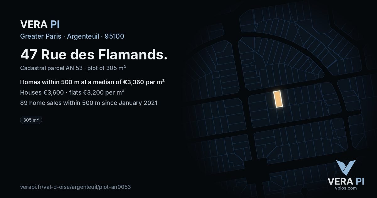 47 Rue des Flamands, Argenteuil at night – the plot lit, the parcels around coloured by the prices near them