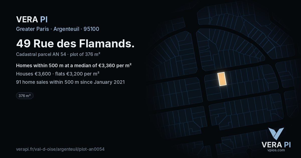 49 Rue des Flamands, Argenteuil at night – the plot lit, the parcels around coloured by the prices near them
