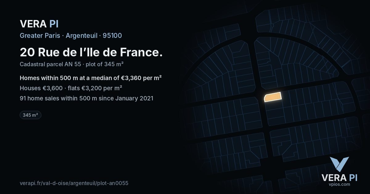 20 Rue de l’Ile de France, Argenteuil at night – the plot lit, the parcels around coloured by the prices near them