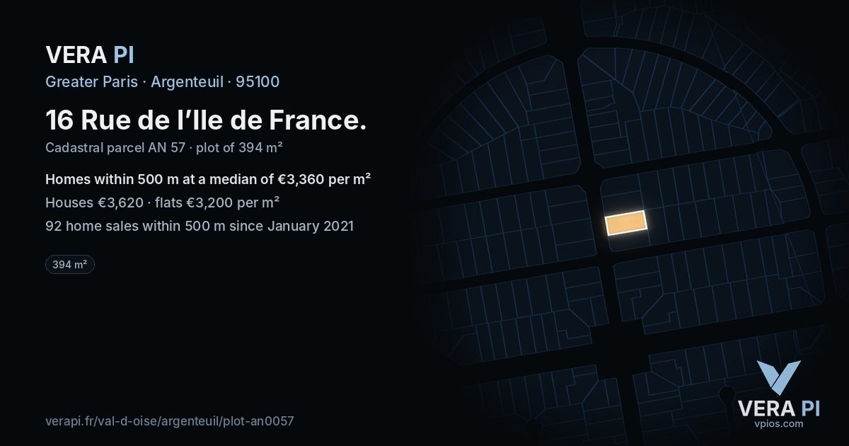 16 Rue de l’Ile de France, Argenteuil at night – the plot lit, the parcels around coloured by the prices near them