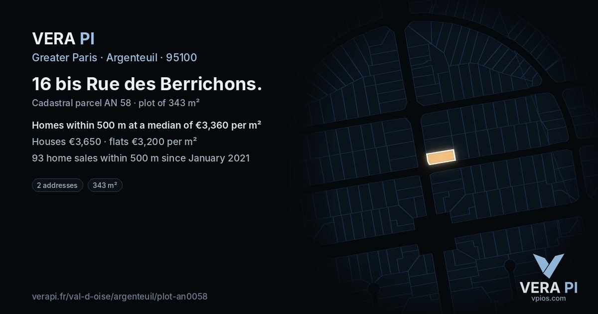 16 bis Rue des Berrichons, Argenteuil at night – the plot lit, the parcels around coloured by the prices near them