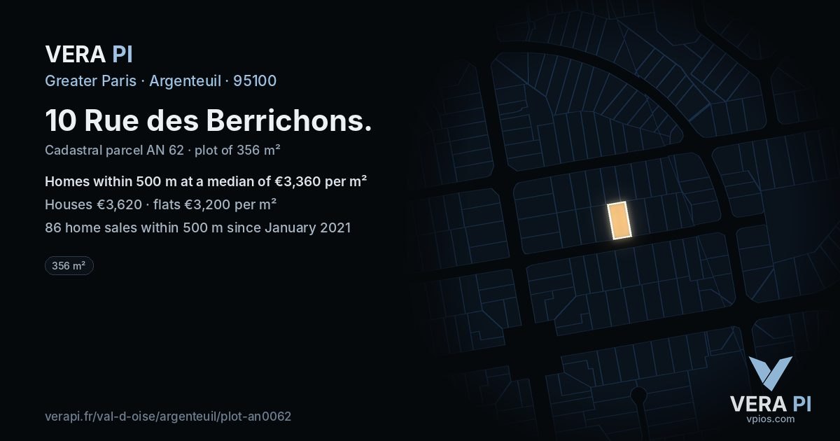 10 Rue des Berrichons, Argenteuil at night – the plot lit, the parcels around coloured by the prices near them