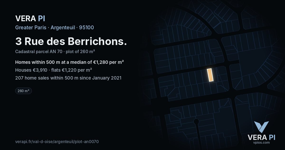 3 Rue des Berrichons, Argenteuil at night – the plot lit, the parcels around coloured by the prices near them