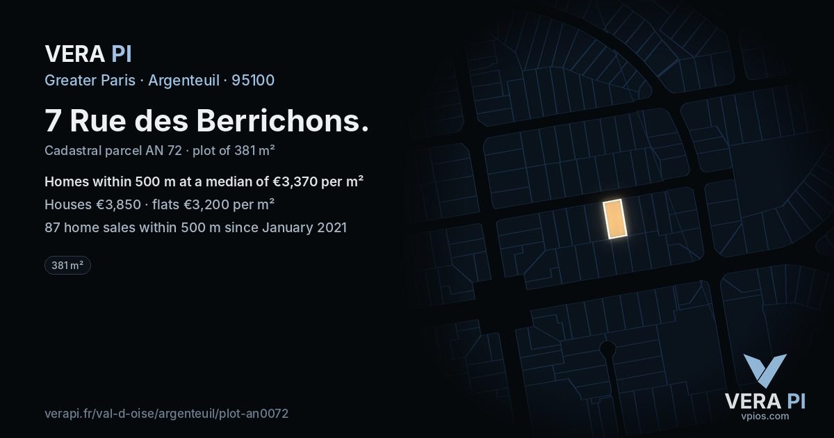 7 Rue des Berrichons, Argenteuil at night – the plot lit, the parcels around coloured by the prices near them