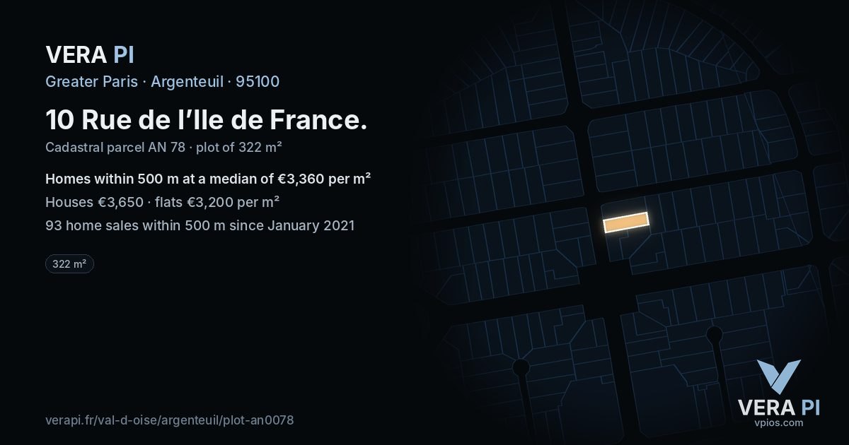 10 Rue de l’Ile de France, Argenteuil at night – the plot lit, the parcels around coloured by the prices near them