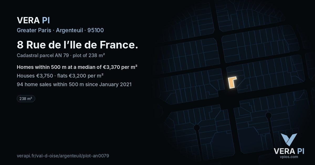 8 Rue de l’Ile de France, Argenteuil at night – the plot lit, the parcels around coloured by the prices near them