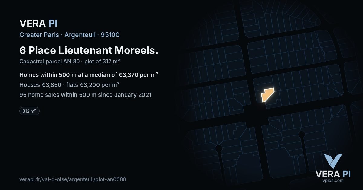 6 Place Lieutenant Moreels, Argenteuil at night – the plot lit, the parcels around coloured by the prices near them