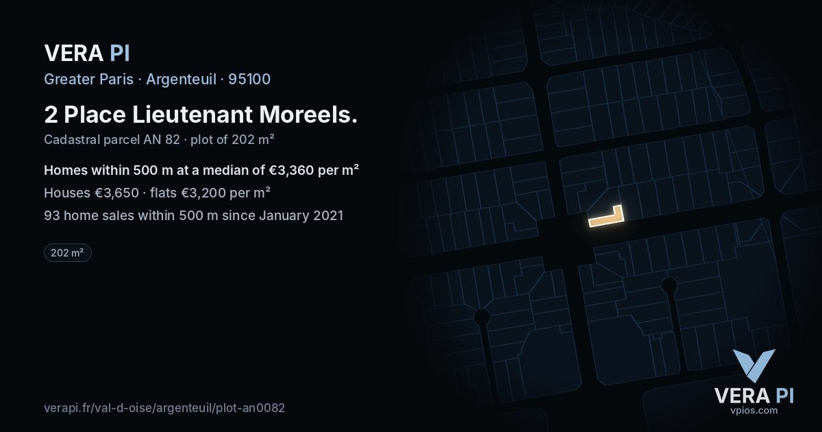 2 Place Lieutenant Moreels, Argenteuil at night – the plot lit, the parcels around coloured by the prices near them
