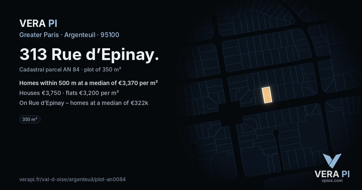 313 Rue d’Epinay, Argenteuil at night – the plot lit, the parcels around coloured by the prices near them