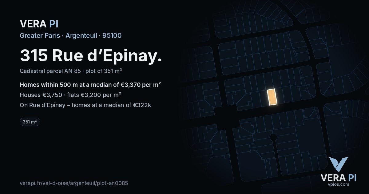 315 Rue d’Epinay, Argenteuil at night – the plot lit, the parcels around coloured by the prices near them