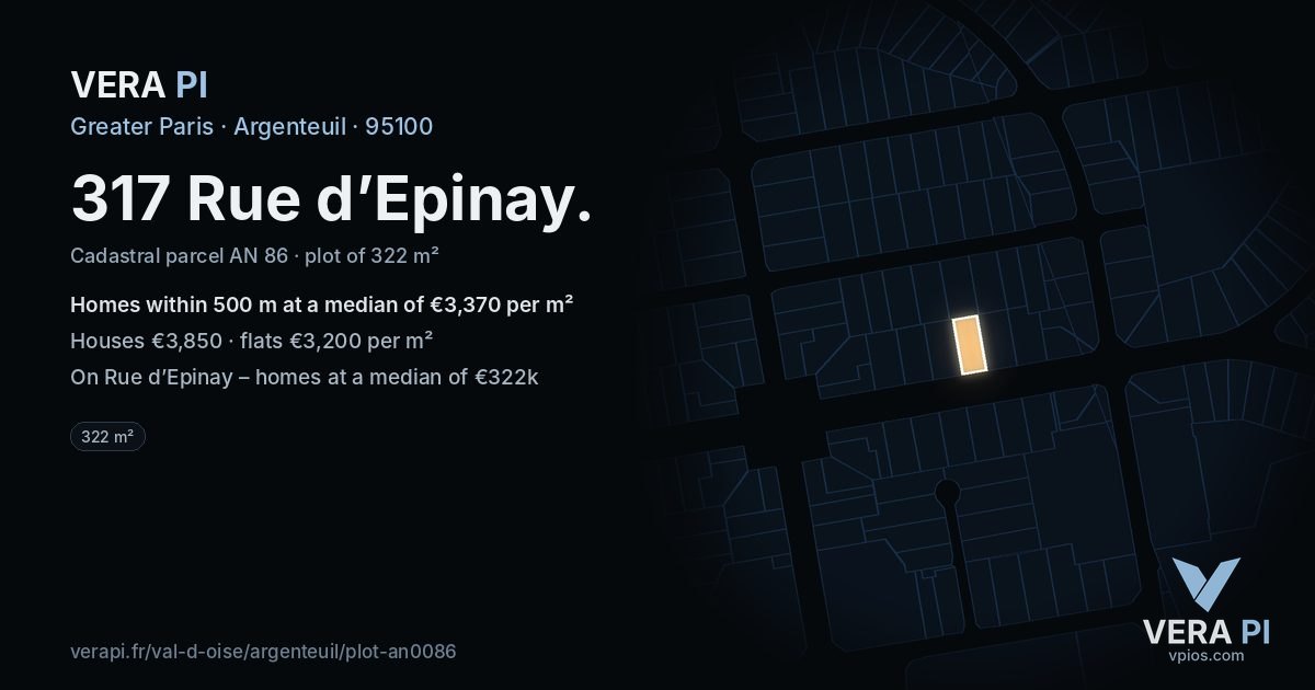 317 Rue d’Epinay, Argenteuil at night – the plot lit, the parcels around coloured by the prices near them