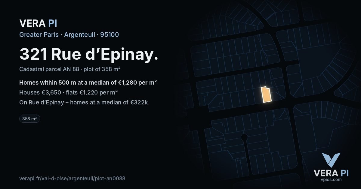 321 Rue d’Epinay, Argenteuil at night – the plot lit, the parcels around coloured by the prices near them