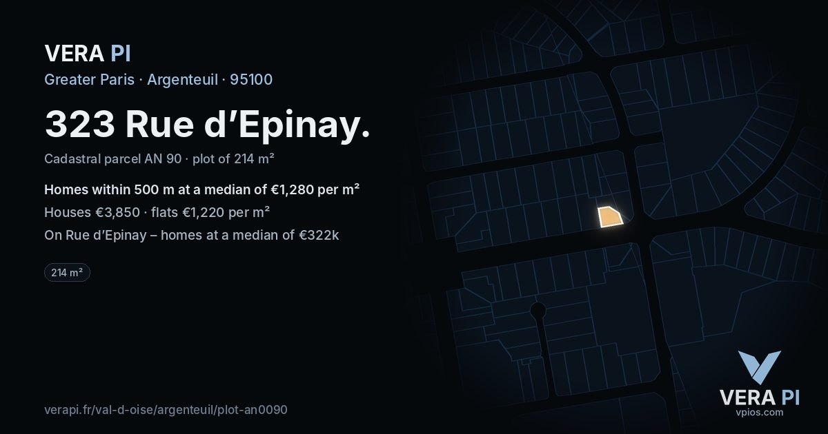 323 Rue d’Epinay, Argenteuil at night – the plot lit, the parcels around coloured by the prices near them