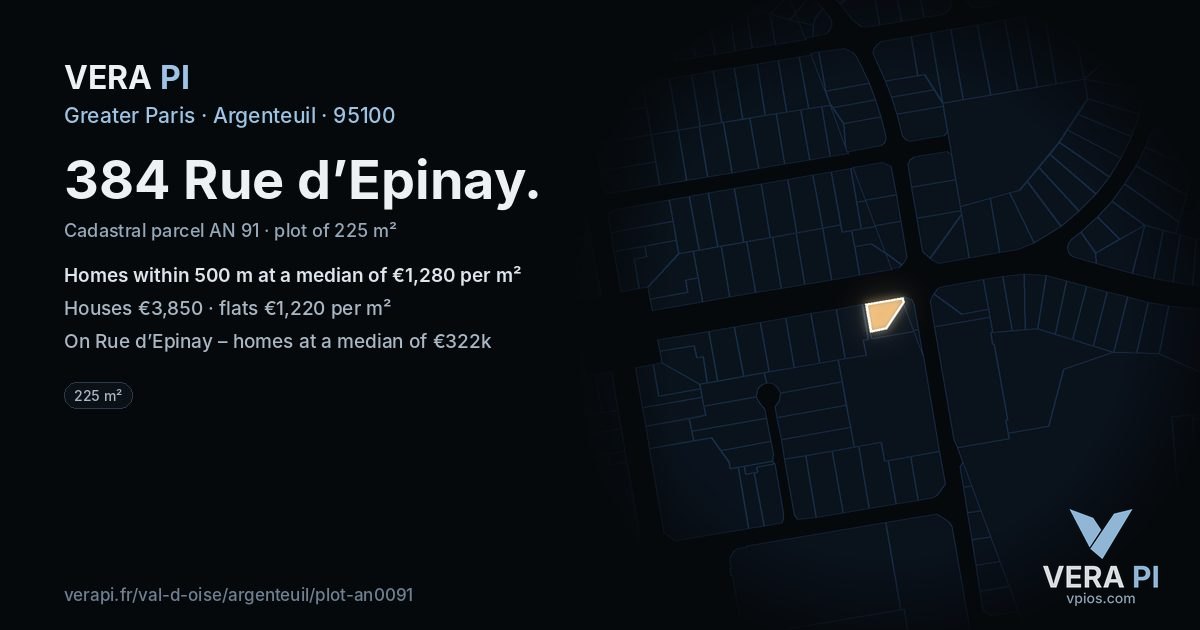 384 Rue d’Epinay, Argenteuil at night – the plot lit, the parcels around coloured by the prices near them