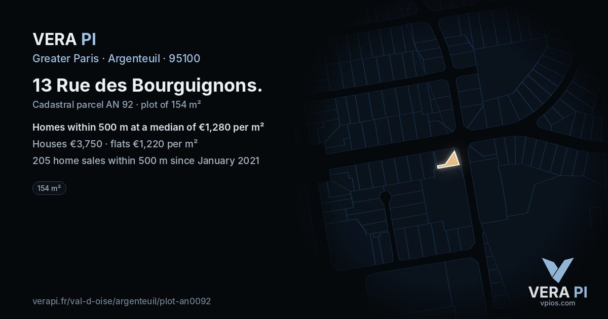 13 Rue des Bourguignons, Argenteuil at night – the plot lit, the parcels around coloured by the prices near them