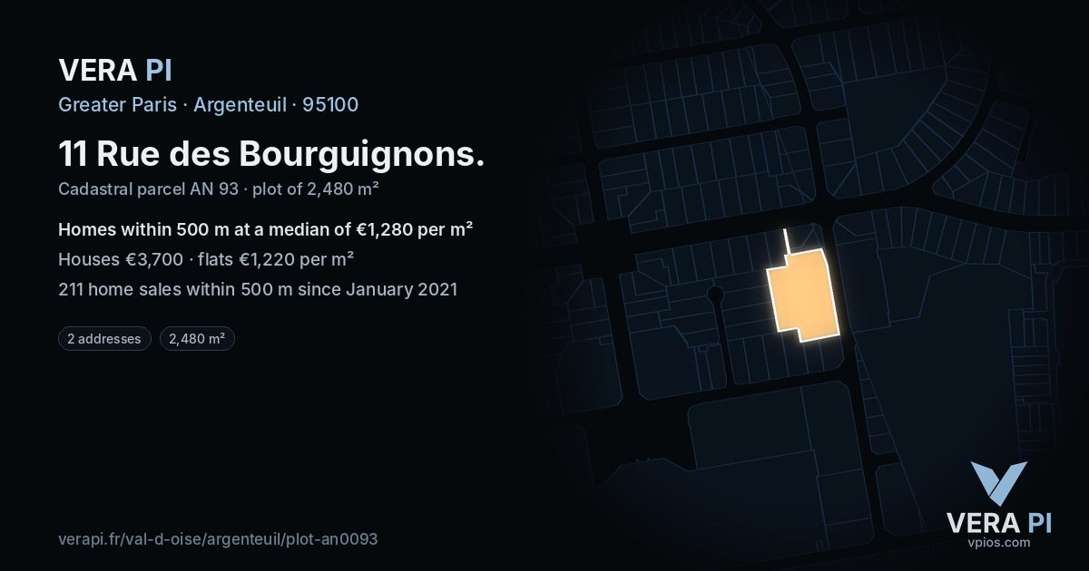 11 Rue des Bourguignons, Argenteuil at night – the plot lit, the parcels around coloured by the prices near them