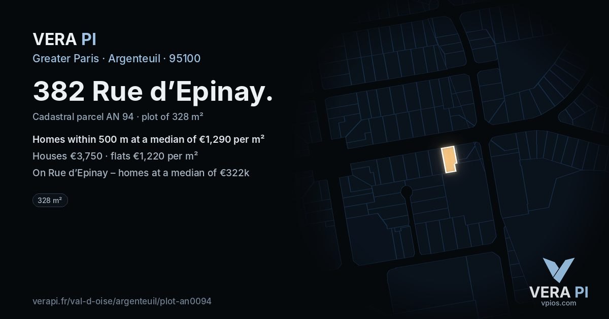382 Rue d’Epinay, Argenteuil at night – the plot lit, the parcels around coloured by the prices near them