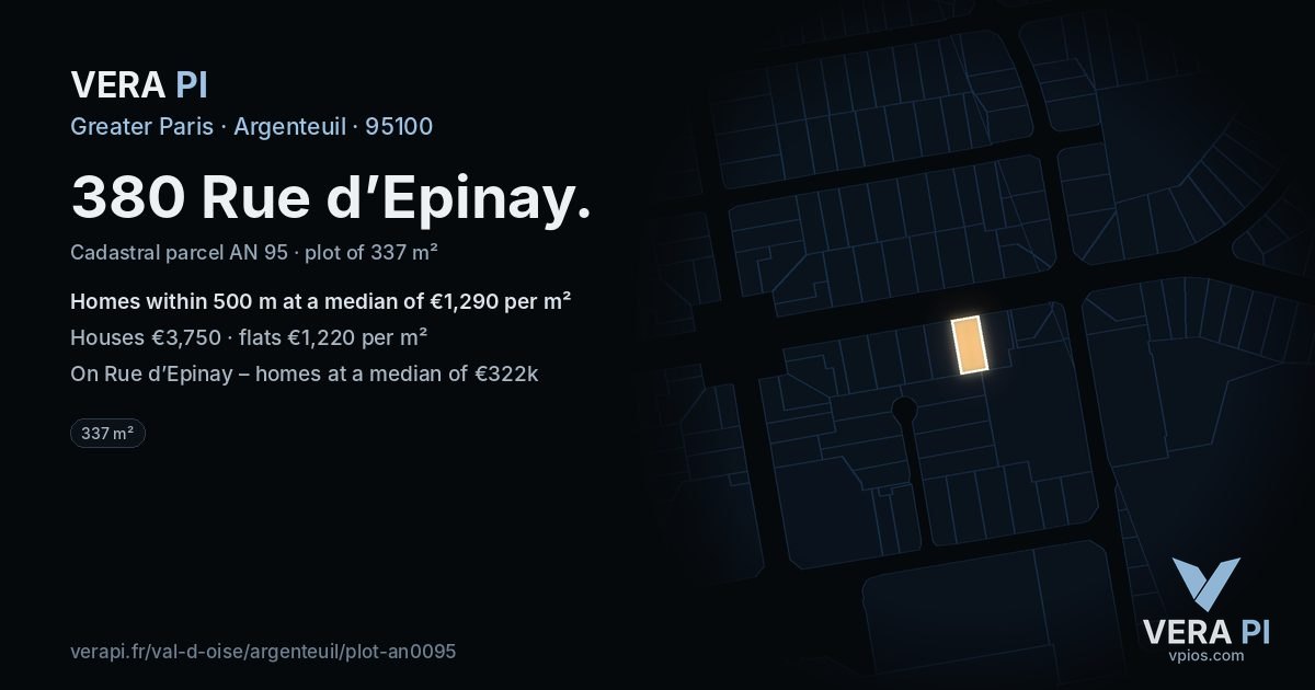 380 Rue d’Epinay, Argenteuil at night – the plot lit, the parcels around coloured by the prices near them