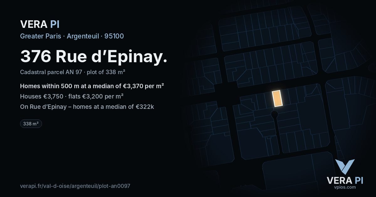 376 Rue d’Epinay, Argenteuil at night – the plot lit, the parcels around coloured by the prices near them