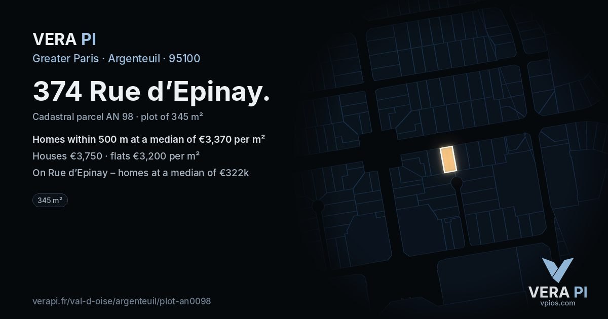 374 Rue d’Epinay, Argenteuil at night – the plot lit, the parcels around coloured by the prices near them
