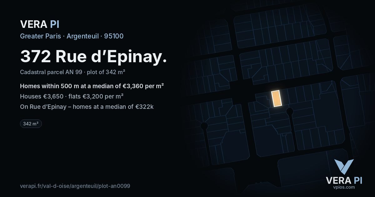 372 Rue d’Epinay, Argenteuil at night – the plot lit, the parcels around coloured by the prices near them