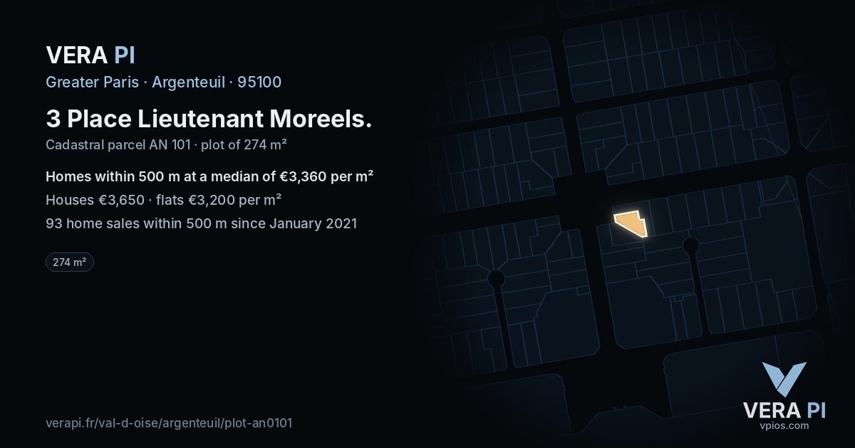 3 Place Lieutenant Moreels, Argenteuil at night – the plot lit, the parcels around coloured by the prices near them