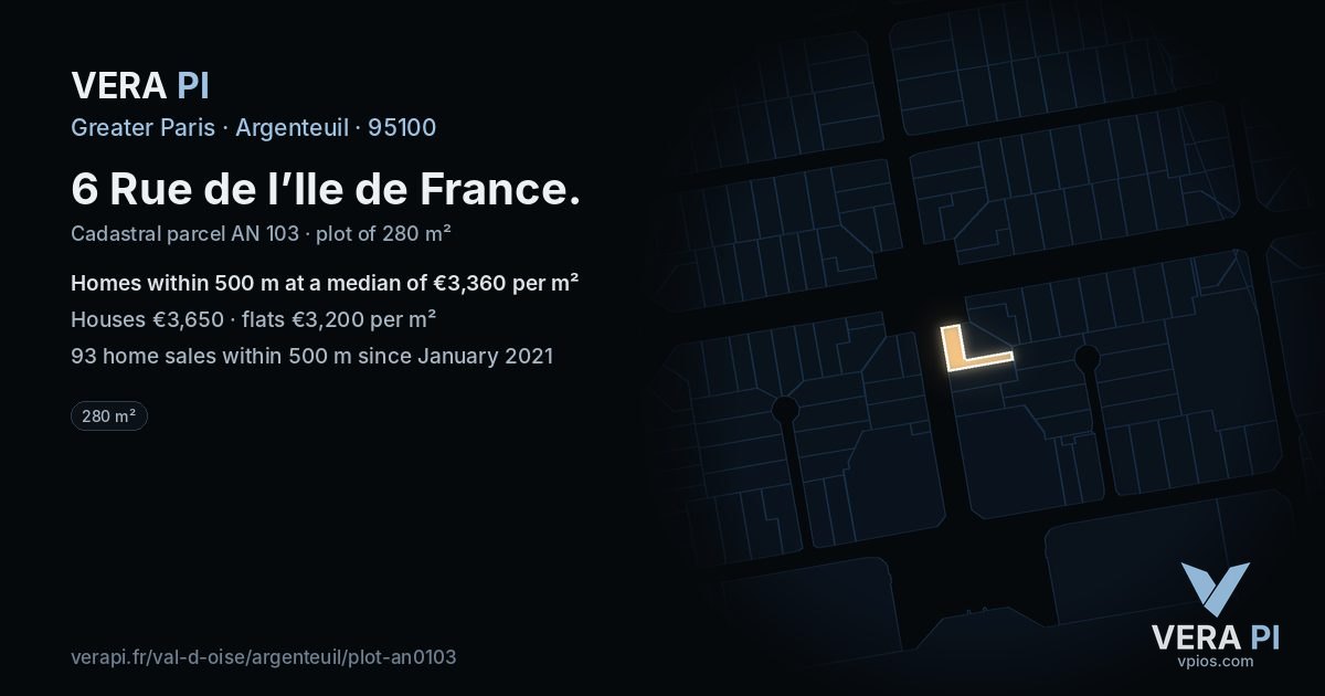 6 Rue de l’Ile de France, Argenteuil at night – the plot lit, the parcels around coloured by the prices near them