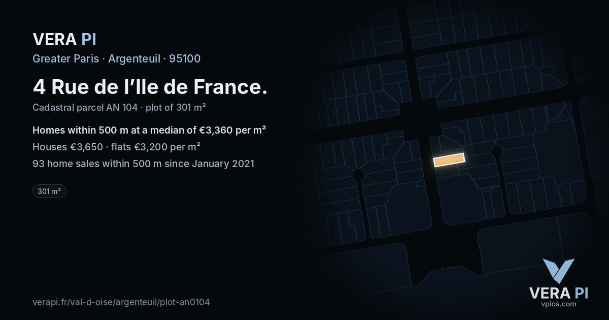 4 Rue de l’Ile de France, Argenteuil at night – the plot lit, the parcels around coloured by the prices near them
