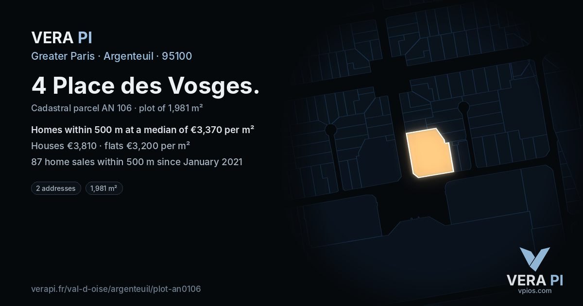 4 Place des Vosges, Argenteuil at night – the plot lit, the parcels around coloured by the prices near them