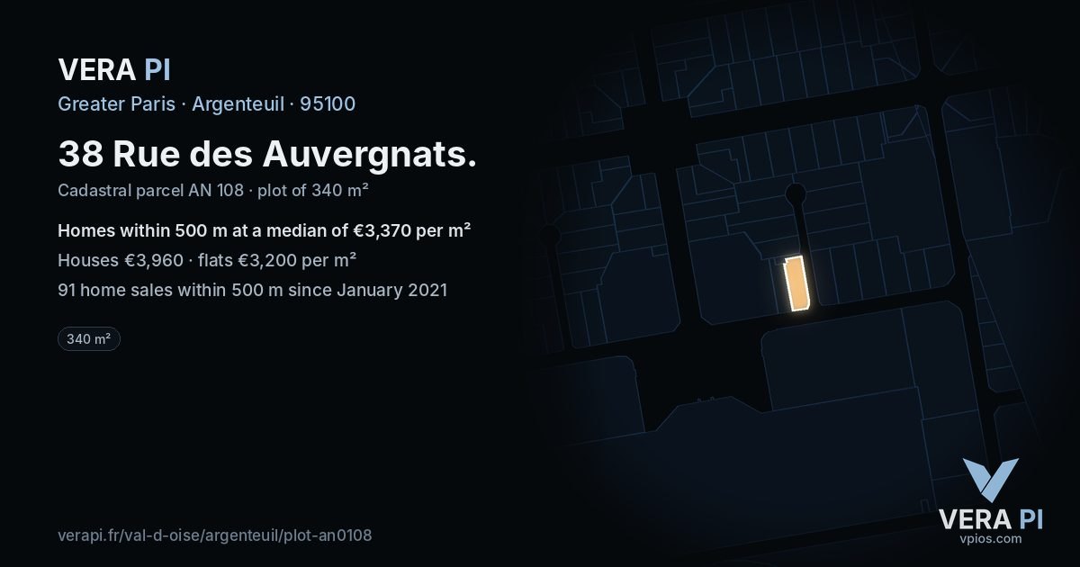38 Rue des Auvergnats, Argenteuil at night – the plot lit, the parcels around coloured by the prices near them