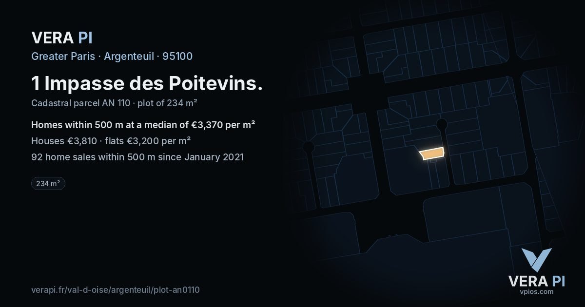 1 Impasse des Poitevins, Argenteuil at night – the plot lit, the parcels around coloured by the prices near them