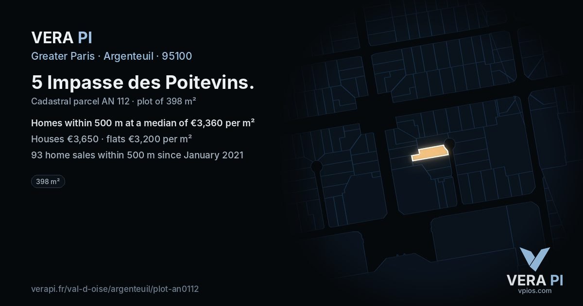 5 Impasse des Poitevins, Argenteuil at night – the plot lit, the parcels around coloured by the prices near them