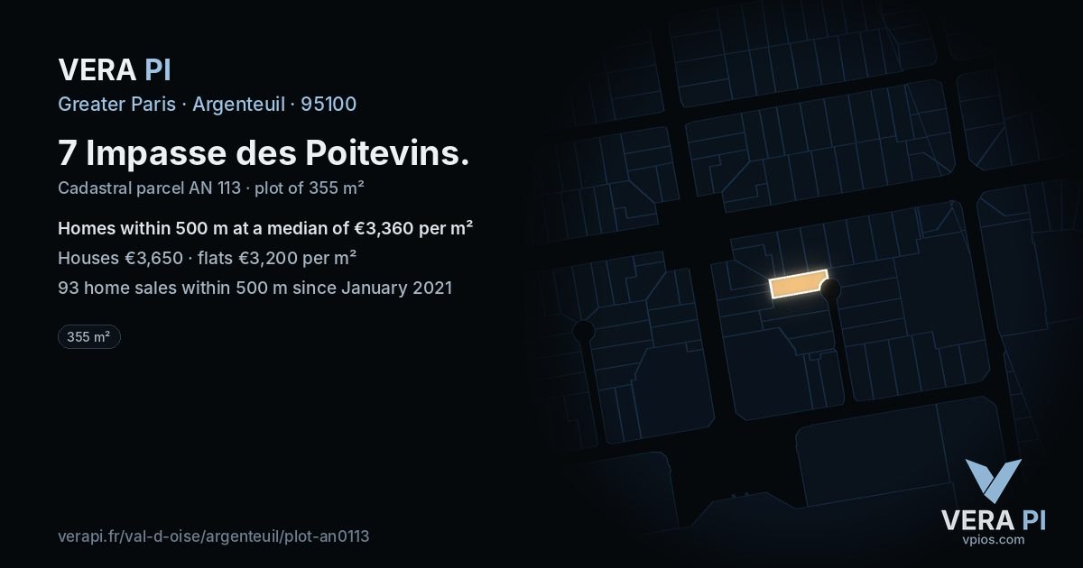 7 Impasse des Poitevins, Argenteuil at night – the plot lit, the parcels around coloured by the prices near them