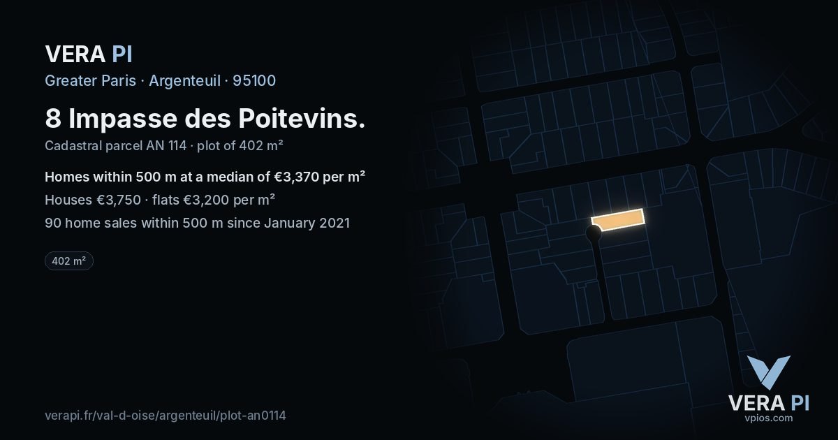 8 Impasse des Poitevins, Argenteuil at night – the plot lit, the parcels around coloured by the prices near them