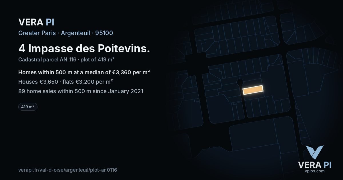 4 Impasse des Poitevins, Argenteuil at night – the plot lit, the parcels around coloured by the prices near them