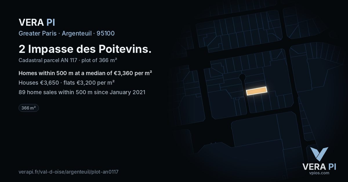 2 Impasse des Poitevins, Argenteuil at night – the plot lit, the parcels around coloured by the prices near them