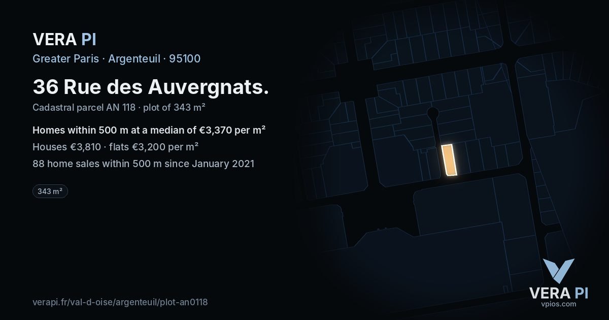 36 Rue des Auvergnats, Argenteuil at night – the plot lit, the parcels around coloured by the prices near them