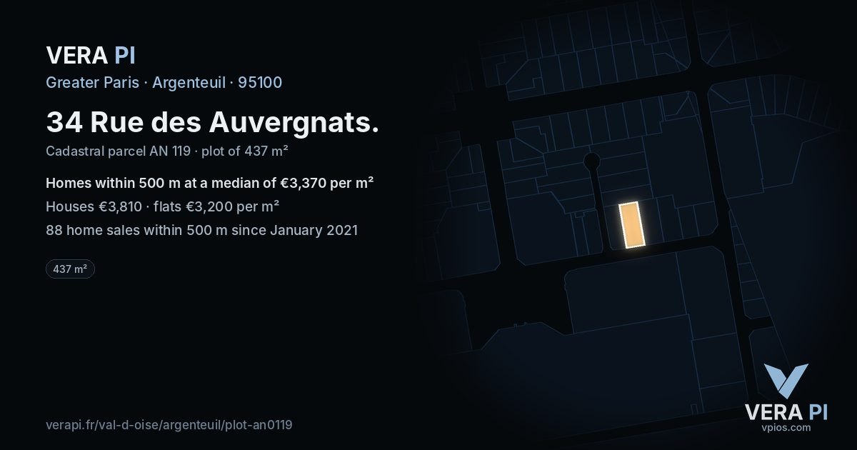 34 Rue des Auvergnats, Argenteuil at night – the plot lit, the parcels around coloured by the prices near them