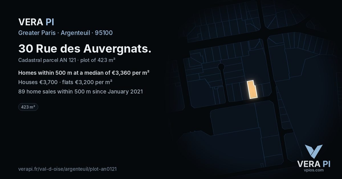 30 Rue des Auvergnats, Argenteuil at night – the plot lit, the parcels around coloured by the prices near them