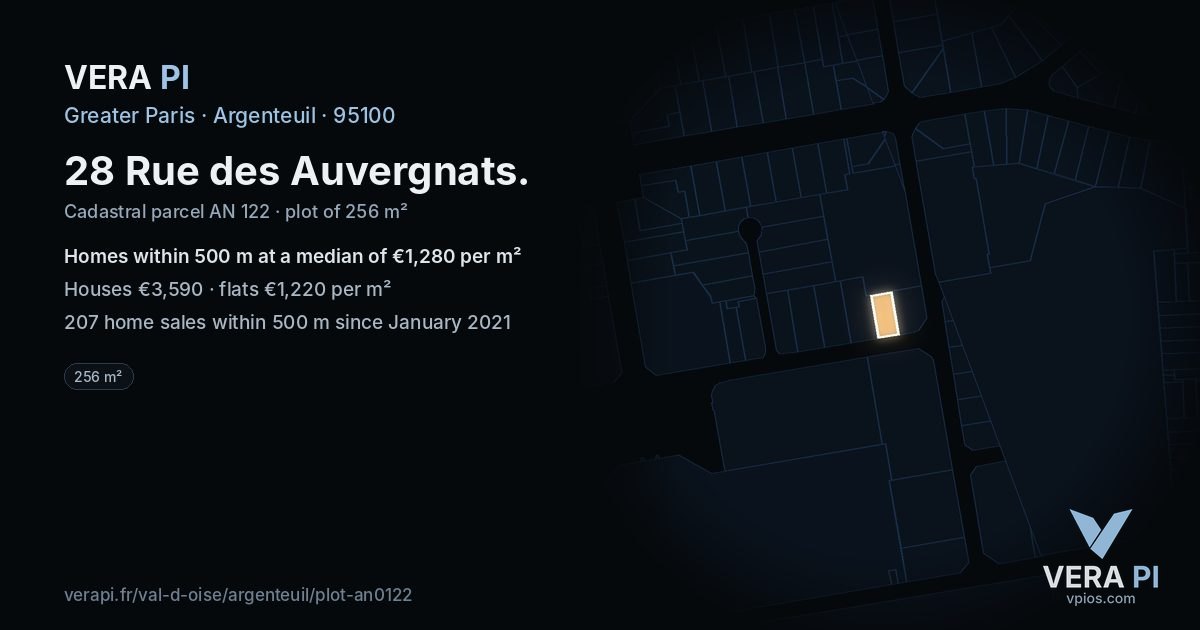 28 Rue des Auvergnats, Argenteuil at night – the plot lit, the parcels around coloured by the prices near them