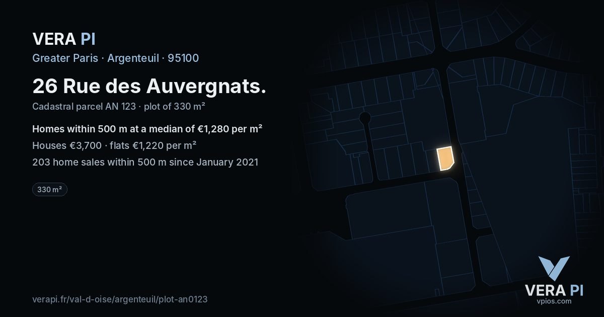 26 Rue des Auvergnats, Argenteuil at night – the plot lit, the parcels around coloured by the prices near them