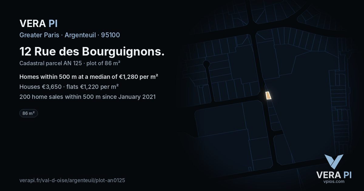 12 Rue des Bourguignons, Argenteuil at night – the plot lit, the parcels around coloured by the prices near them