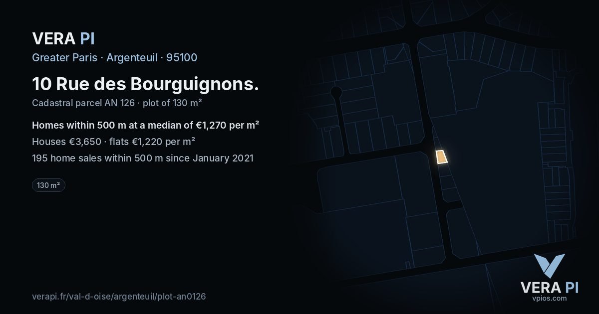 10 Rue des Bourguignons, Argenteuil at night – the plot lit, the parcels around coloured by the prices near them